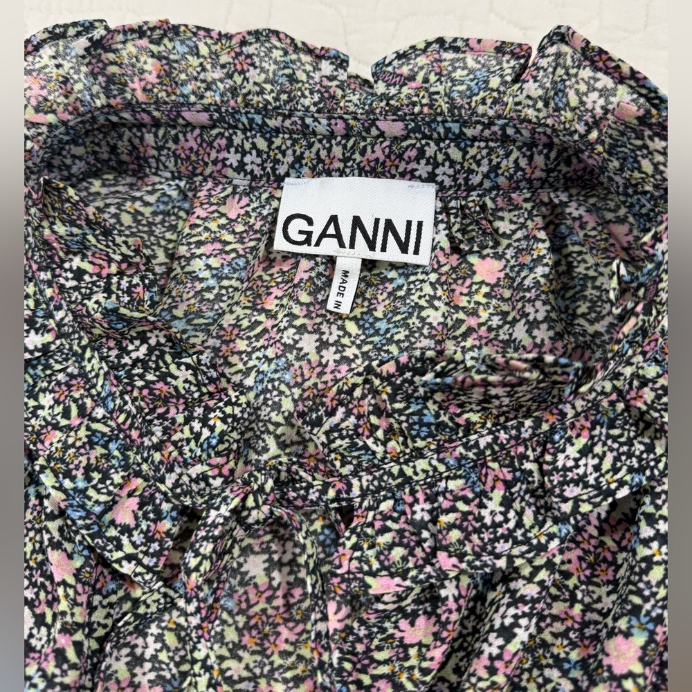 GANNI Women’s Ruffled Crepe Floral Print Midi Dress Size 44 / US 14 - Picture 5 of 10